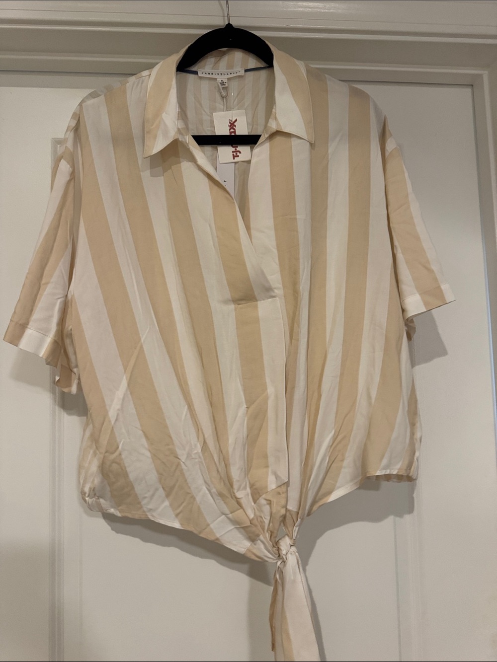 Jane and Delancey Beige and White Striped Tie-Front Blouse